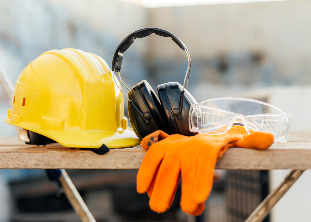 front view protective glasses with hard hat headphones
