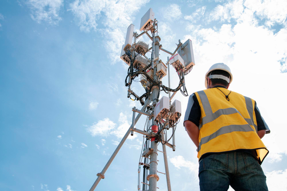 male engineer field work helmet telecommunication tower controls electrical installations